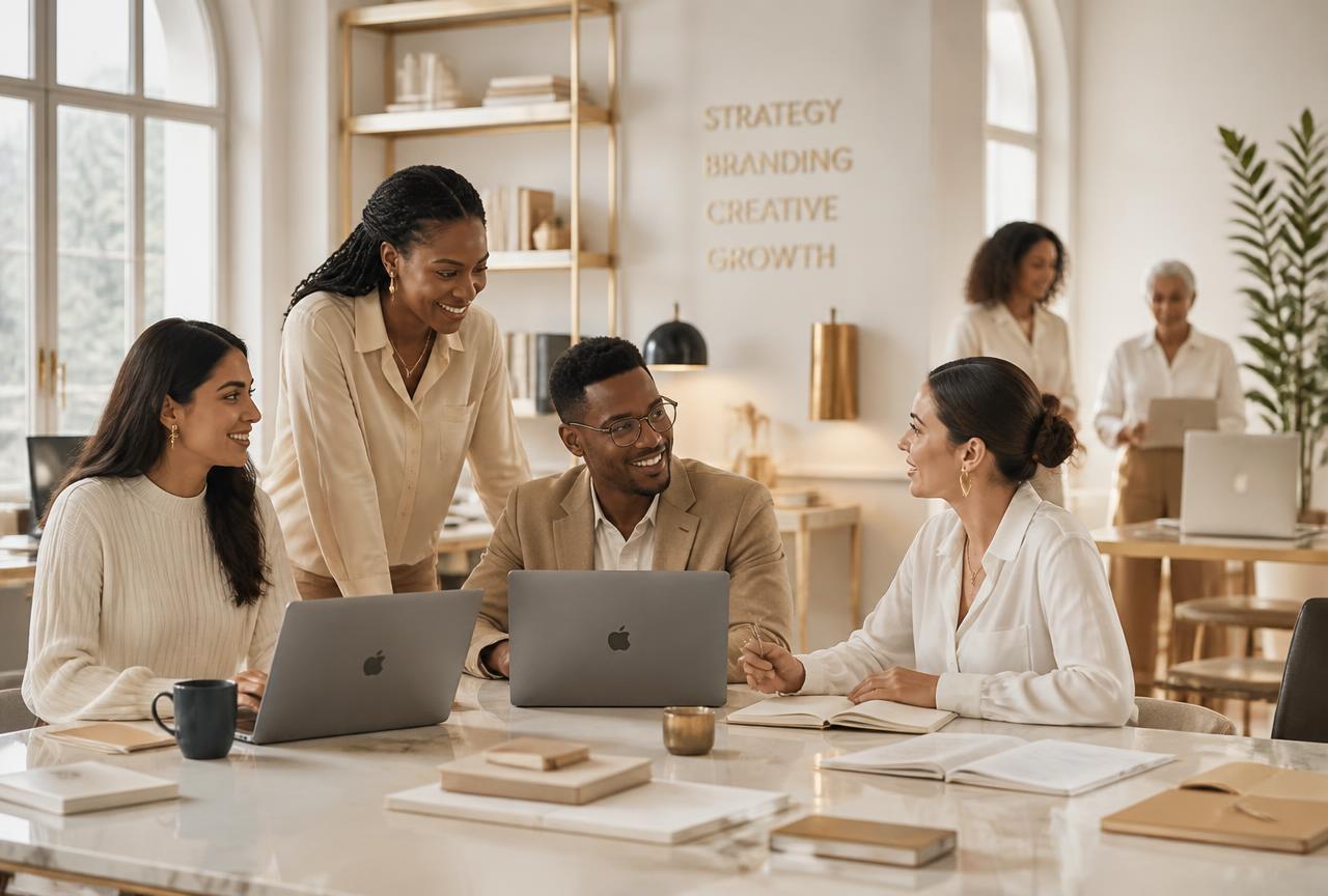 Entrepreneurs, consultants and creatives collaborating on laptops